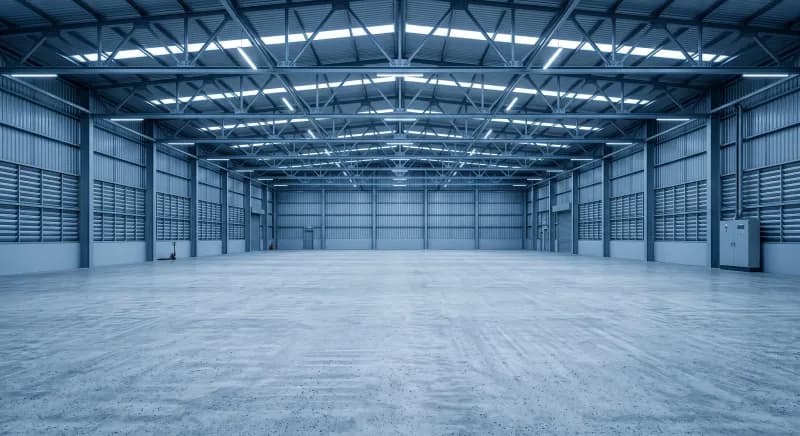 Wide angle view of modern warehouse floor and storage space